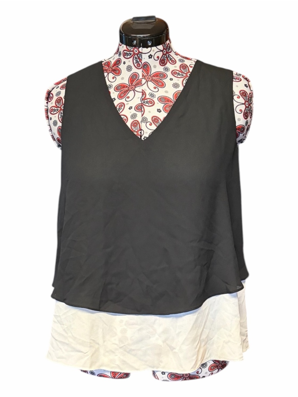 Joseph Ribkoff Black & Cream Sleeveless V-Neck Two-Layer Flowy Blouse Tank Top